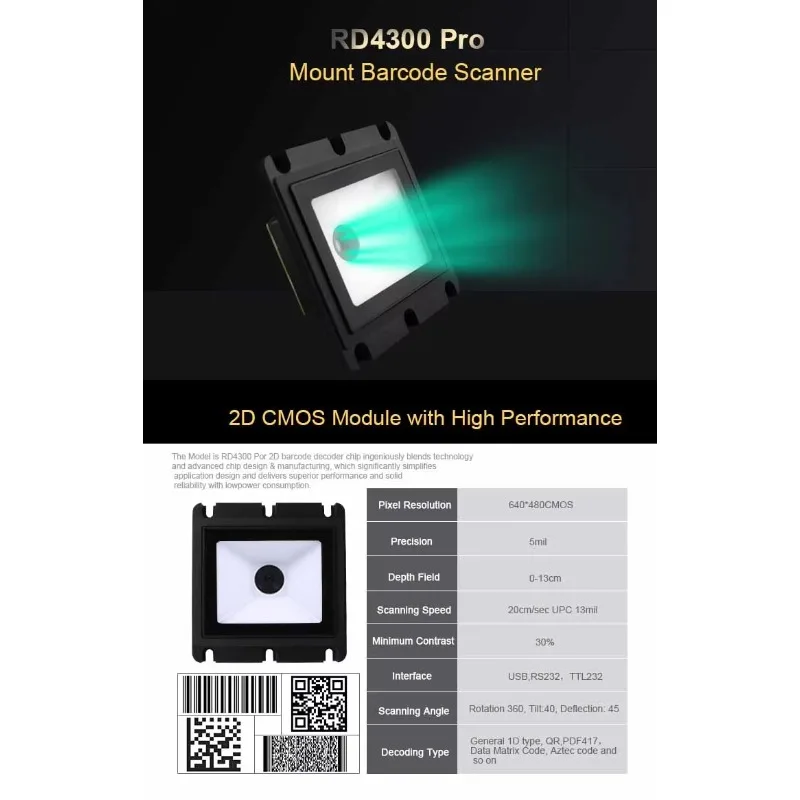 Rakinda LV4300pro-TTL232 USB Fixed Mount Barcode Scanner White LED QR Payment Embedded 1D 2D Reader CMOS Sensor
