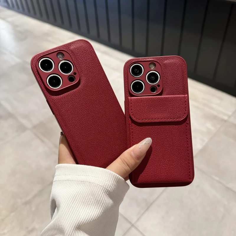 Capa de Couro Ancora Red Card Pocket para iPhone 17 Air 16 15 14 Pro 13/12/11 XS 7 8 Plus XR SE Proteção Total do Corpo