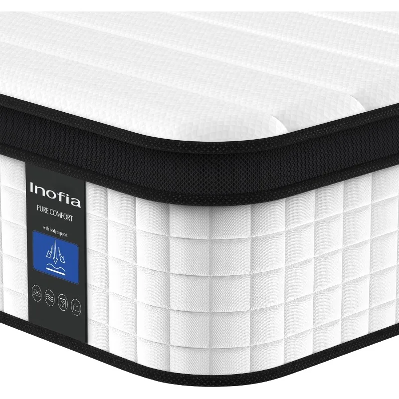 Inofia Queen Mattress, 12 Inch Hybrid Innerspring Double Mattress Cool Bed with Breathable Soft Knitted Fabric Cover