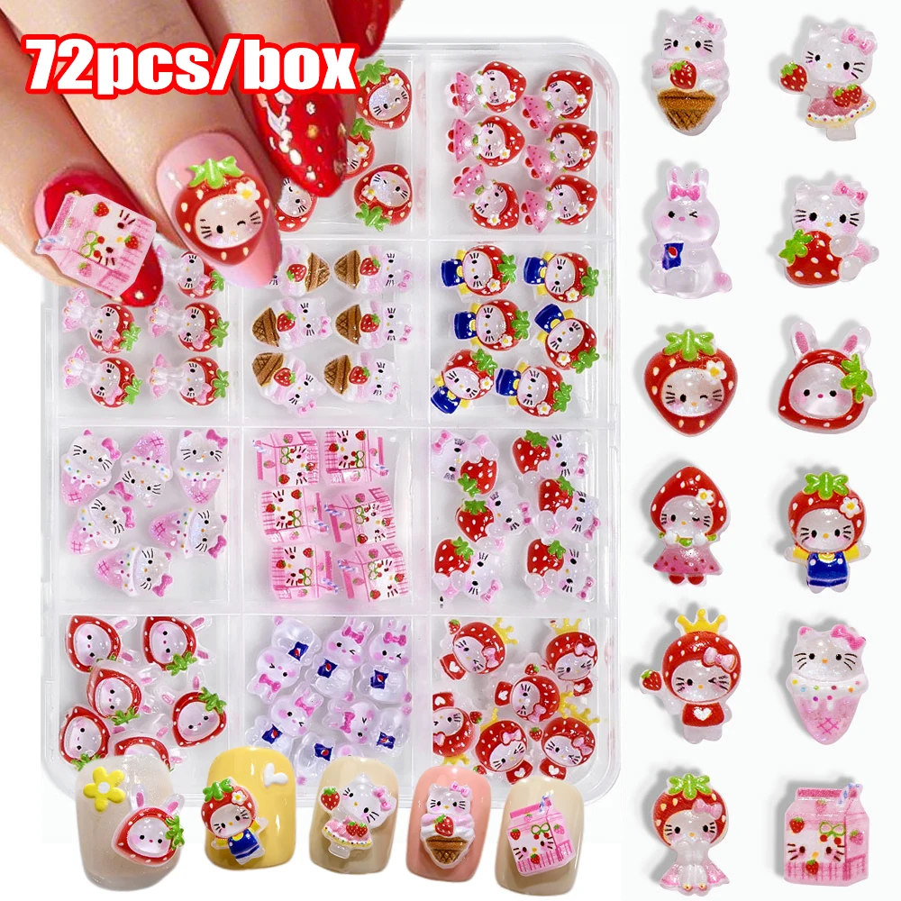

72 шт., милая вспышка, клубника, стразы для ногтей «Hello Kitty», розовая, красная клубничная шляпа, платье, блестящие украшения для ногтей KT Cat, Kawaii Decorat