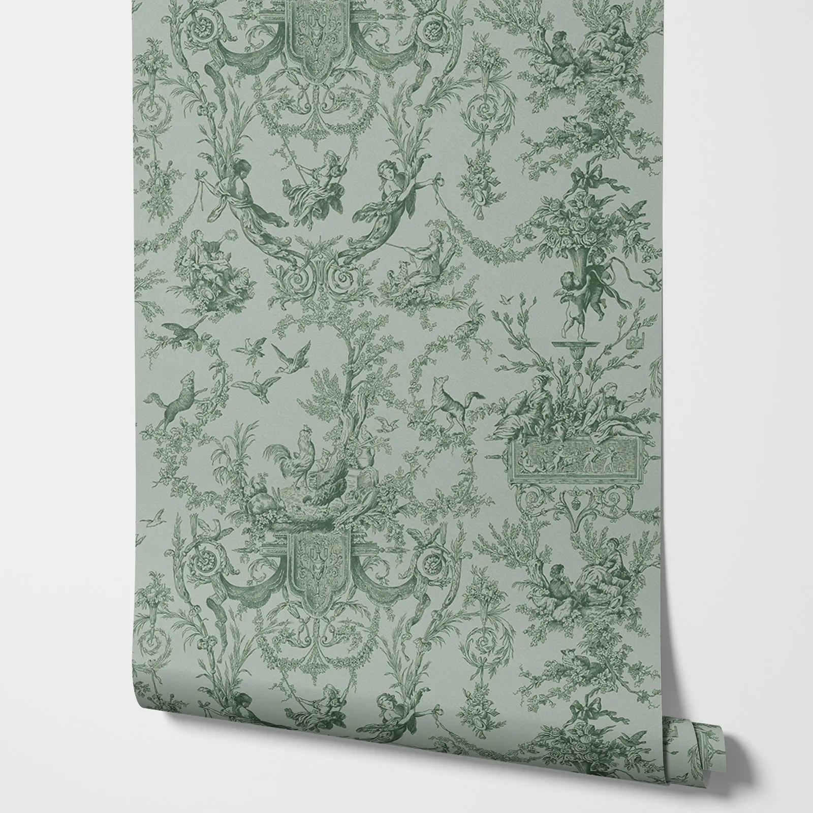 Vintage Green toile Wallpaper, Vintage festoons of flowers tapeta toile de jouy w kolorze zielonym