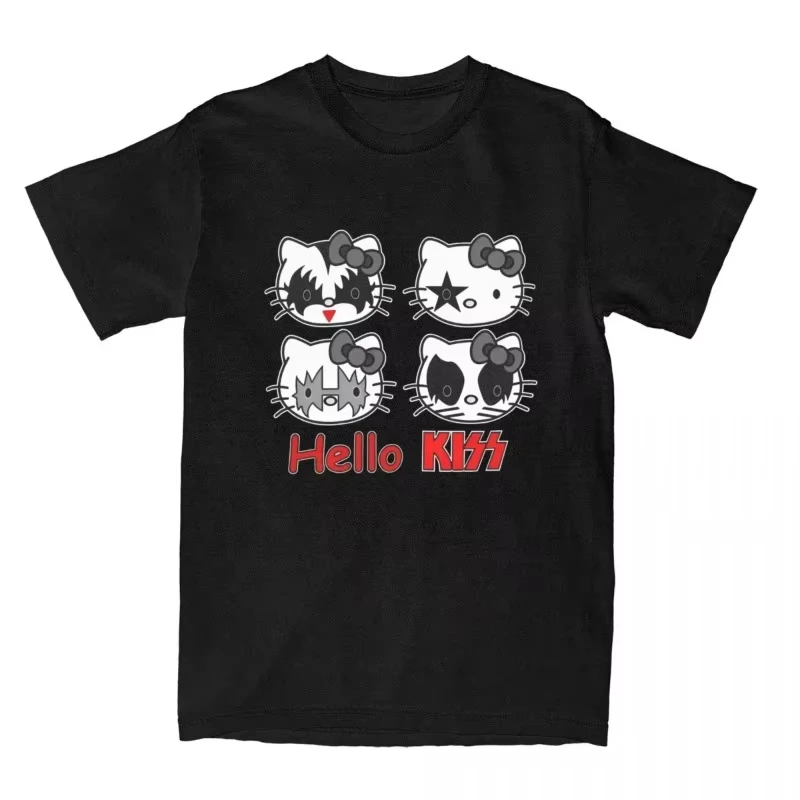 

Лето 2029, новая женская футболка из чистого хлопка с рисунком Hello Kitty Rock Kiss Band в уличном стиле, пляжный свободный топ в стиле Харадзюку с круглым вырезом