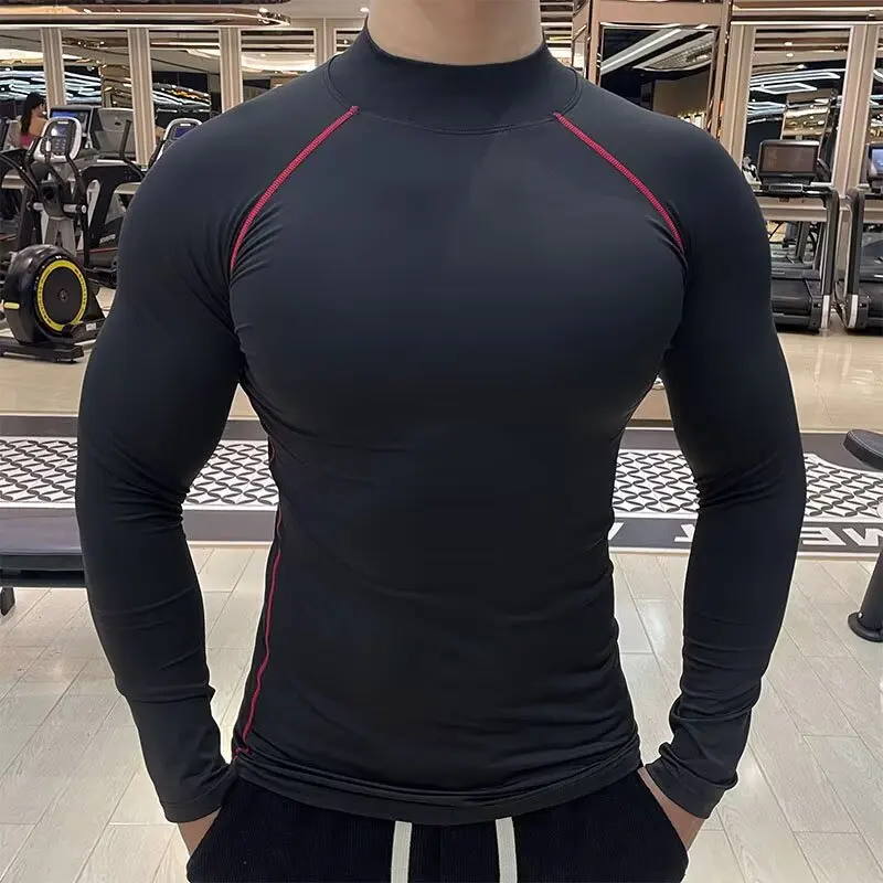 

Autumn and winter tight fitting men's fitness clothes, high neck elastic quick drying sports tops, outdoor running compression t