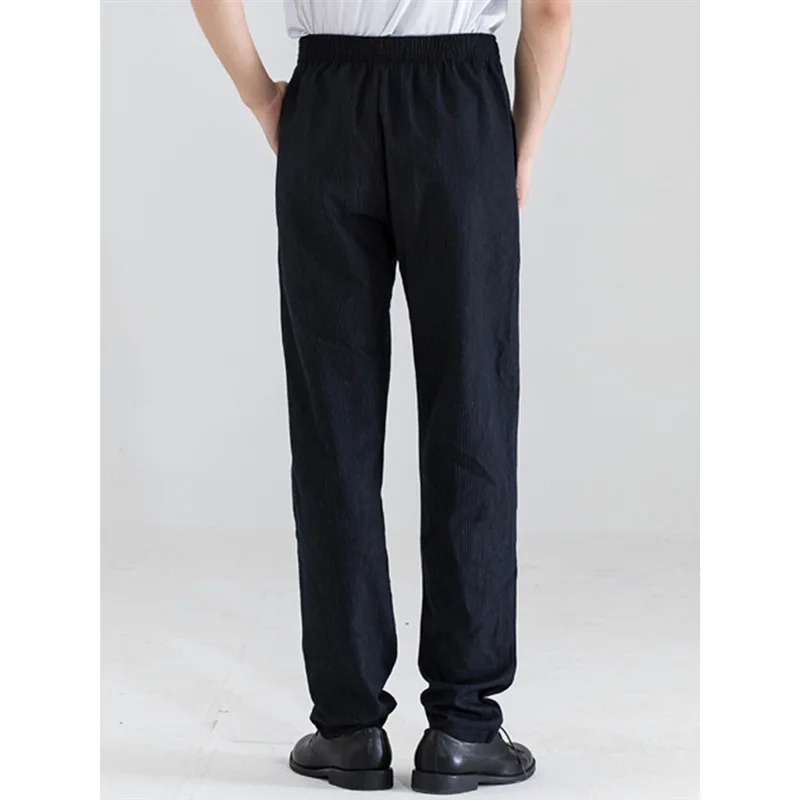 Pantalones de trabajo de Chef para hombres, Pantalones rectos de limpieza de cocina, Hotel, restaurante, pantalones de camarero, rayas azules oscuras, elásticos completos