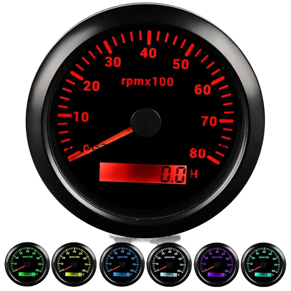 

12V /24V 85mm 3 3/8 Inch 0-8000 RPM Meter LED Display 7 ColorsTachometer Gauge