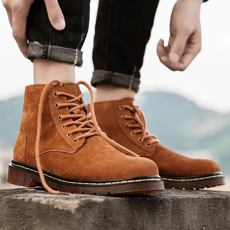 

Men's High-top Flat Leather All-season Solid Color Retro Fashion Brand Lightweight Wear-resistant and Anti-slip Lace-up Boots