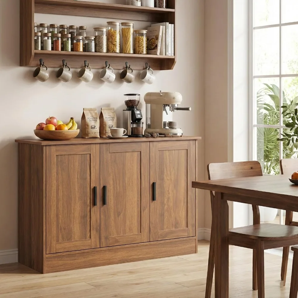 43.3”W Brown 3 Door Buffet Cabinet, Coffee Bar with Adjustable Shelf, Kitchen Sideboard for Living Room, Kitchen