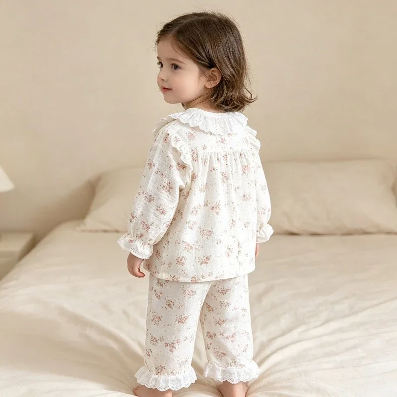 Neue süße Mädchen-Pyjamas mit Blumenmuster, 2-teiliges Set für Kleinkinder, Homewear für Mädchen, dünne Frühlings- und Herbst-Spitzenoberteile mit langen Ärmeln + Hosenanzüge – Detail 7