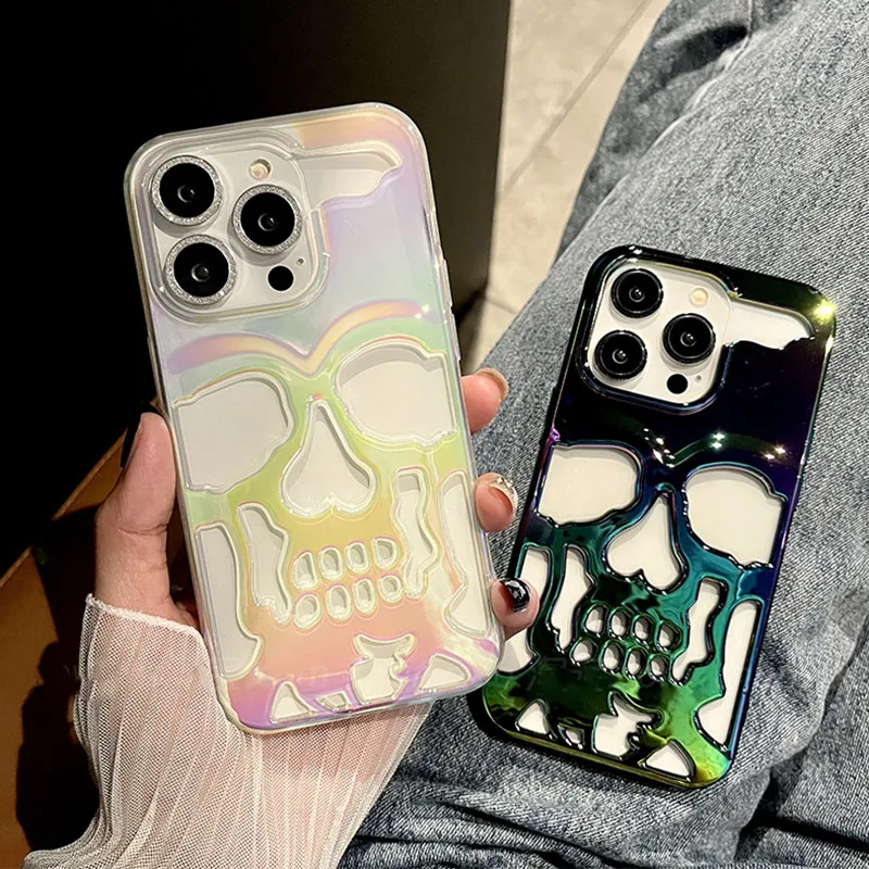 Cool Laser Hollow Skull Out Back Cover For iPhone 11 12 13 14 15 Pro Max Case Shockproof Heat Dissipation Capa Funda