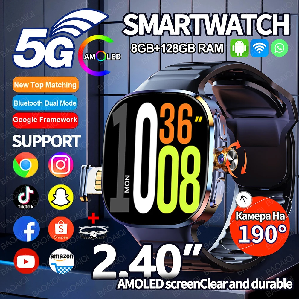 Полная сеть 5G/4G Смарт-часы 720*720 AMOLED-экран 900 Вт Пиксельный видеозвонок 8 ГБ + 128 ГБ ОЗУ 2100 мАч Google Play WIFI GPS Smartwatch