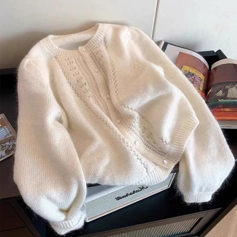 

White Hollow Crochet Round Neck Knitted Jacket Women's Autumn and Winter Solid Color Sweater Long Sleeve Top