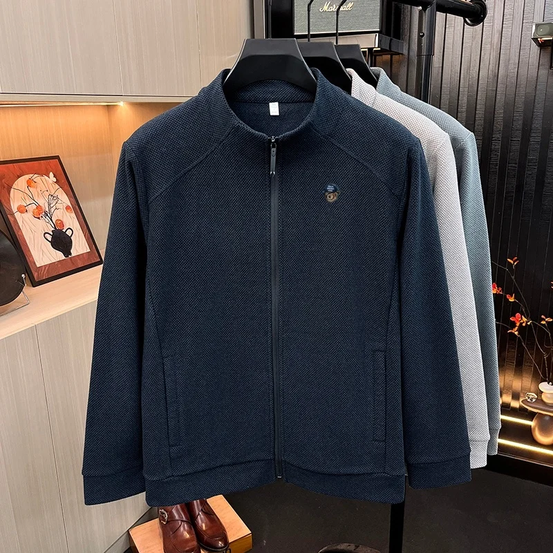 Herren-Herbstjacke, neue Mode, bestickt, Stehkragen, Reißverschluss, winddicht, warm, einfarbig, langärmelig, Business-Herrenbekleidung – Detail 7