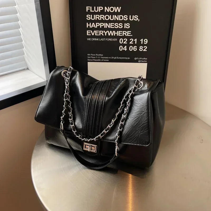 Classic Fashion Trend Women's Large Capacity Handbag 2024Solid Chain Embellished Single Shoulder Crossbody Purse Black White