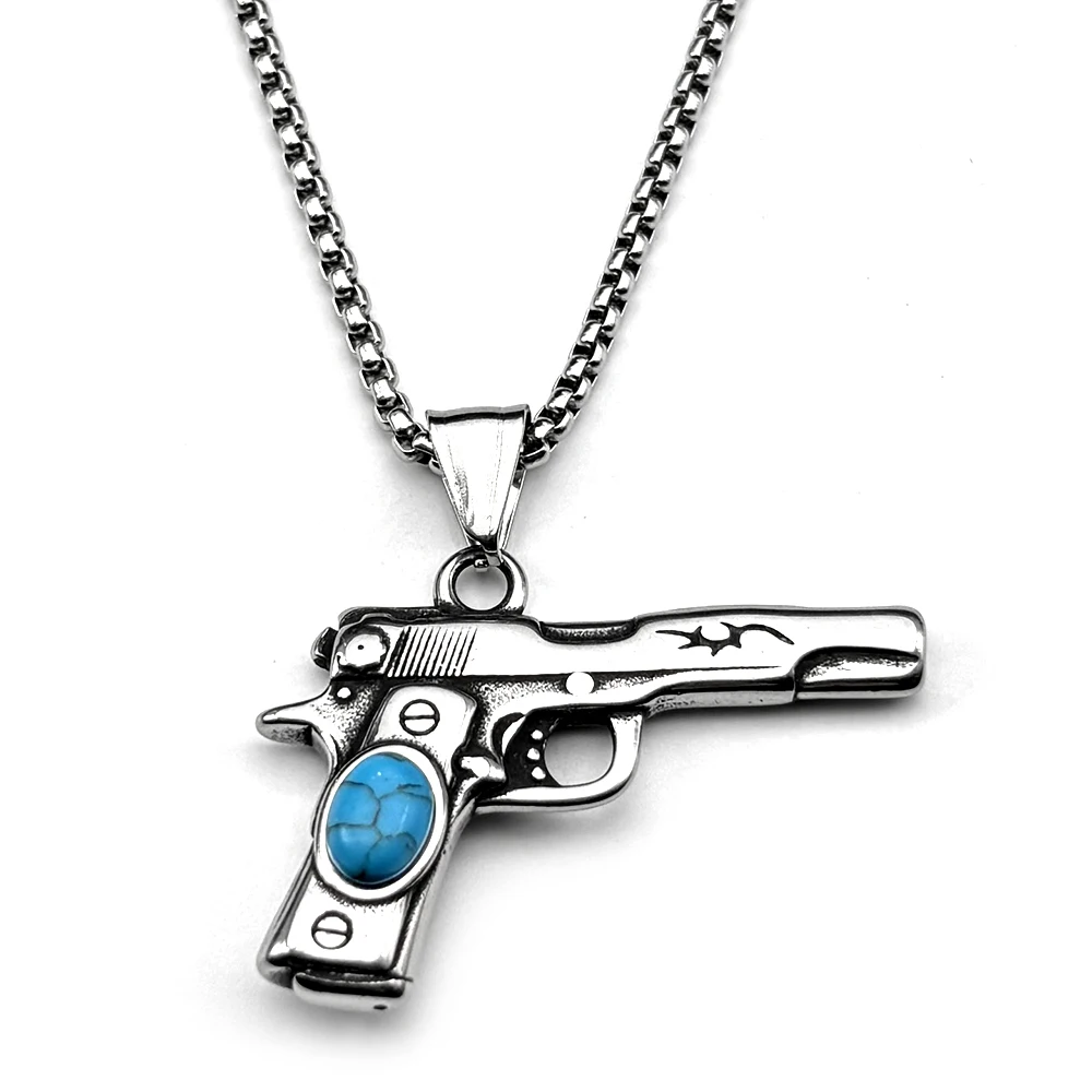 Retor Dark Punk Pistol Necklace For Women Men Stainless Steel Silver Color Turquoise Beak Street Hiphop Party Male Chain Jewelry view 2