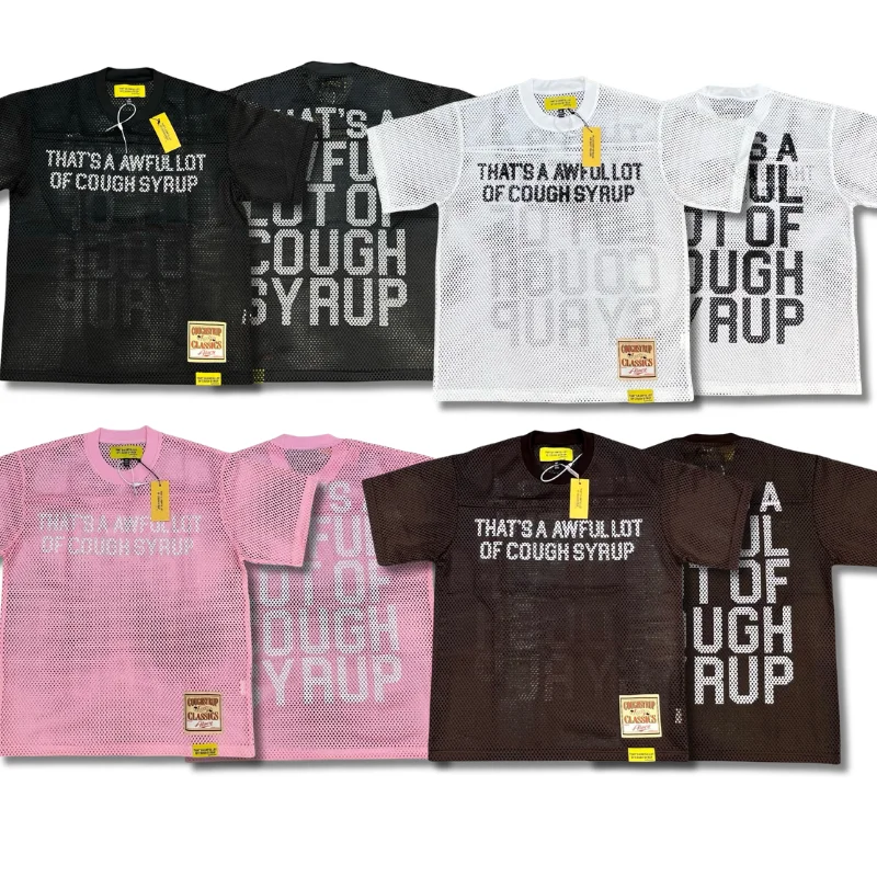 

2025ss That's A Awful Lot of Cough Сироп Футболки Высококачественная дышащая сетчатая футболка с буквенным принтом и короткими рукавами
