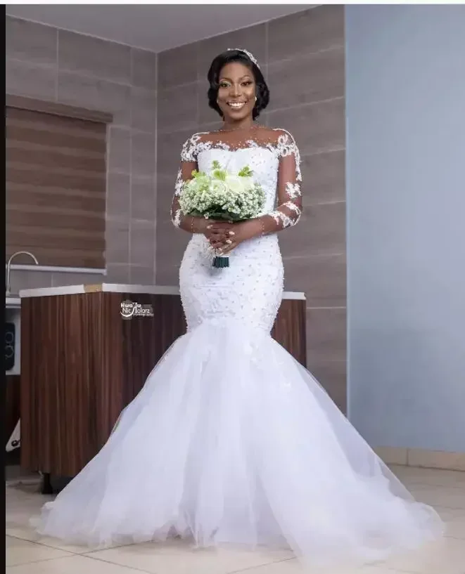 Robes de mariée sirène africaines personnalisées, grande taille, manches longues, avec des Appliques en dentelle et des perles de cristal, dos creux