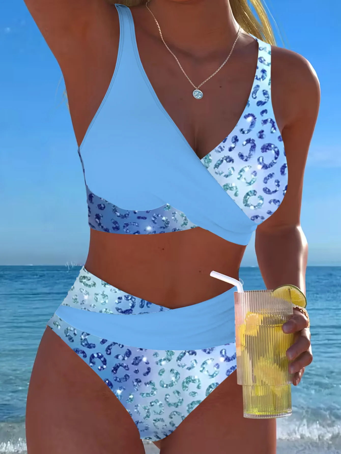New two-piece beach pool party semi-solid semi-print cross-chest sexy bikini swimsuit for women, high-elastic fabric