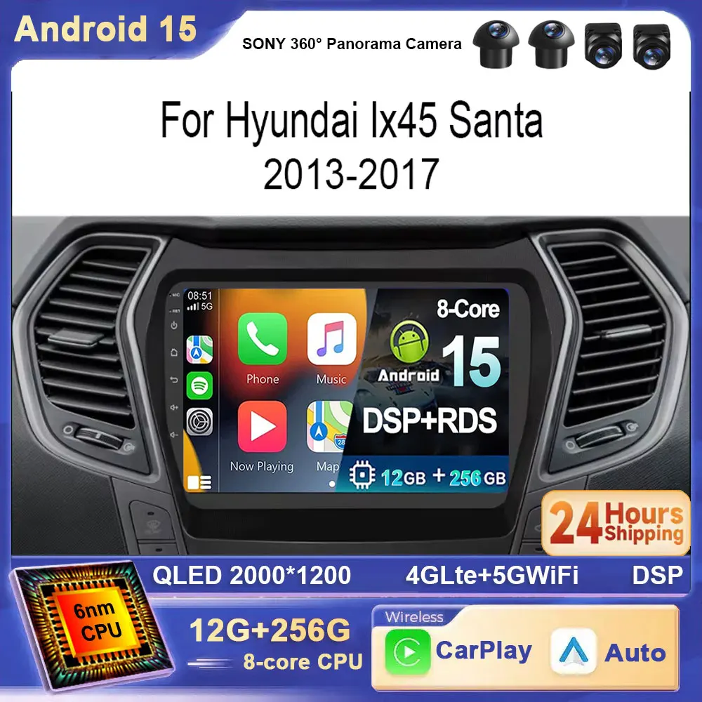 

Для Hyundai Santa Fe IX45 2013-2017 Android 15 Радио Автомобильный Авто Carplay Навигационный плеер GPS-навигация Стерео QLED Экран DVD