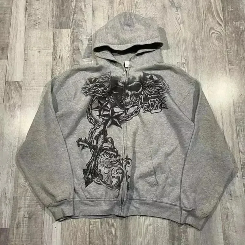 Skeleton Y2K Zipper Hoodie American Punk 90s Retro Hip Hop Pattern Printed Zipper Sportswear Long Sleeve Loose Zipper Hoodie Top