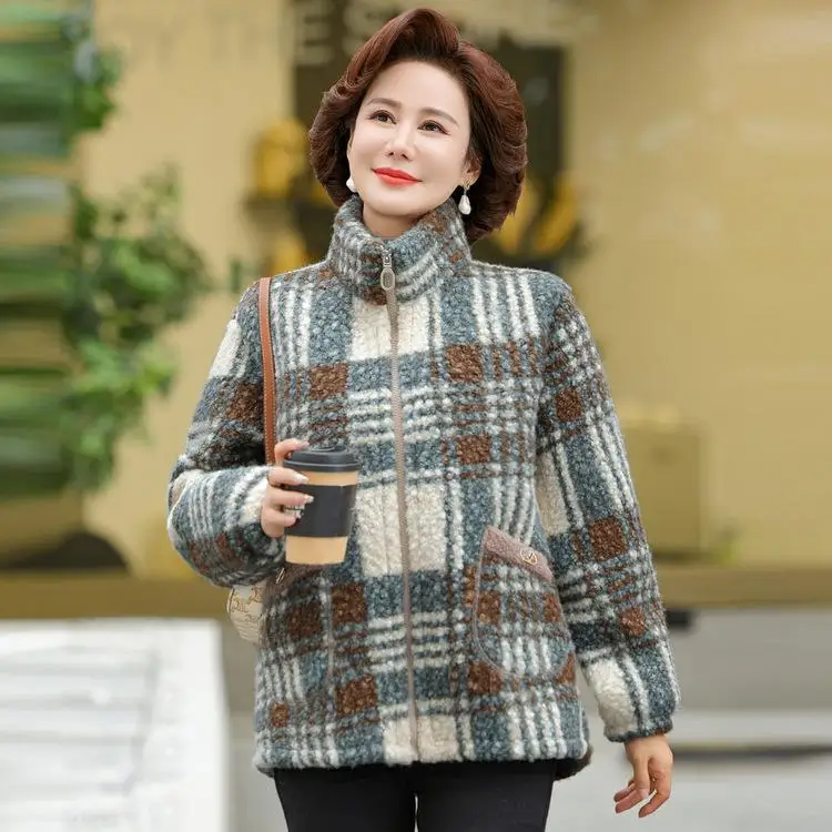 Faionable Fce Lined Thi Warm Women's Coat Winter 2025 New Loose Lazy Plaid Trendy Mom Clothes Cotton Outerwear