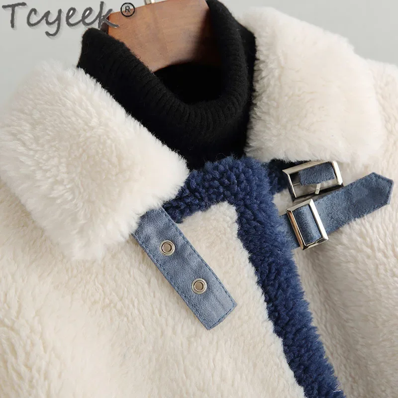 Tcyeek 100% Wool Jacket Fashion Sheep Shearling Coat Ladies Winter Jackets for Women Mid-length Grain Wool Coat Casaco Feminino