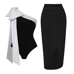BaƱador de una pieza con un hombro y lazo, traje de baƱo con bloque de Color y falda, venta al por mayor, Bikini