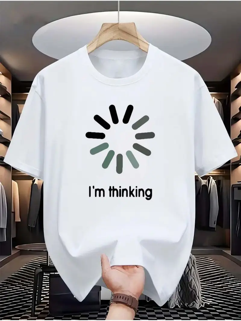 Men's Black White Crew Neck T-Shirt 'I'm Thinking' Loading Icon Print Lightweight Breathable Polyester Casual Summer Shirt Tech-
