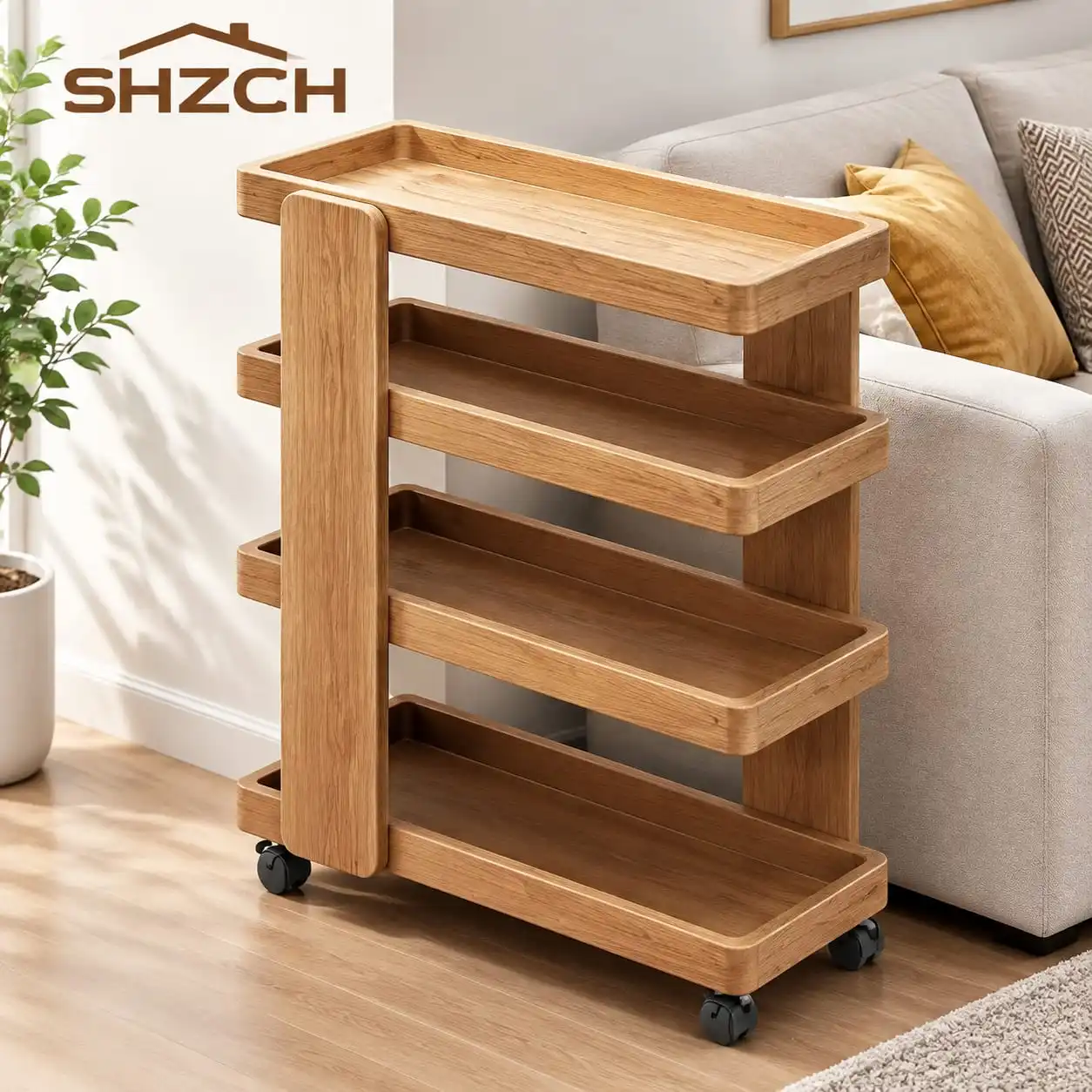 Vintage Industrial Cart  4-Tier Solid Wood Storage Organizer for Living Room with 360° Wheels 100kg Capacity