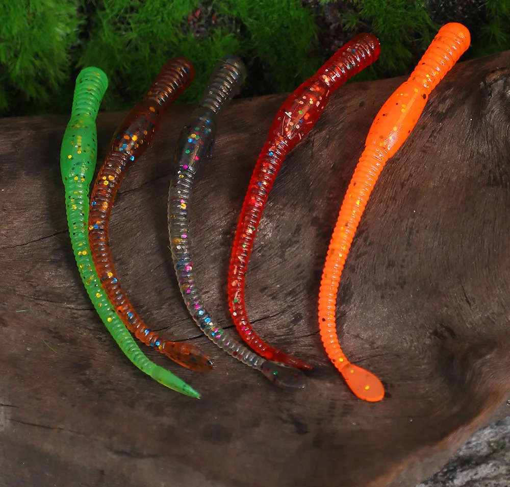 Angel köder Long Tail Wurm 7cm Soft Bait Texas Rig Drop-Shot Rig Jig Kopf Blink Pailletten Maden Kunst köder Los 10 Stück Verkauf – Detail 4