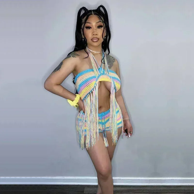 

GUWU Colorful Striped Knit Rib Women Summer Lounge Wear Tassel Tube Crop Top Shorts Club 2 Piece Set Beach Cover Outfits
