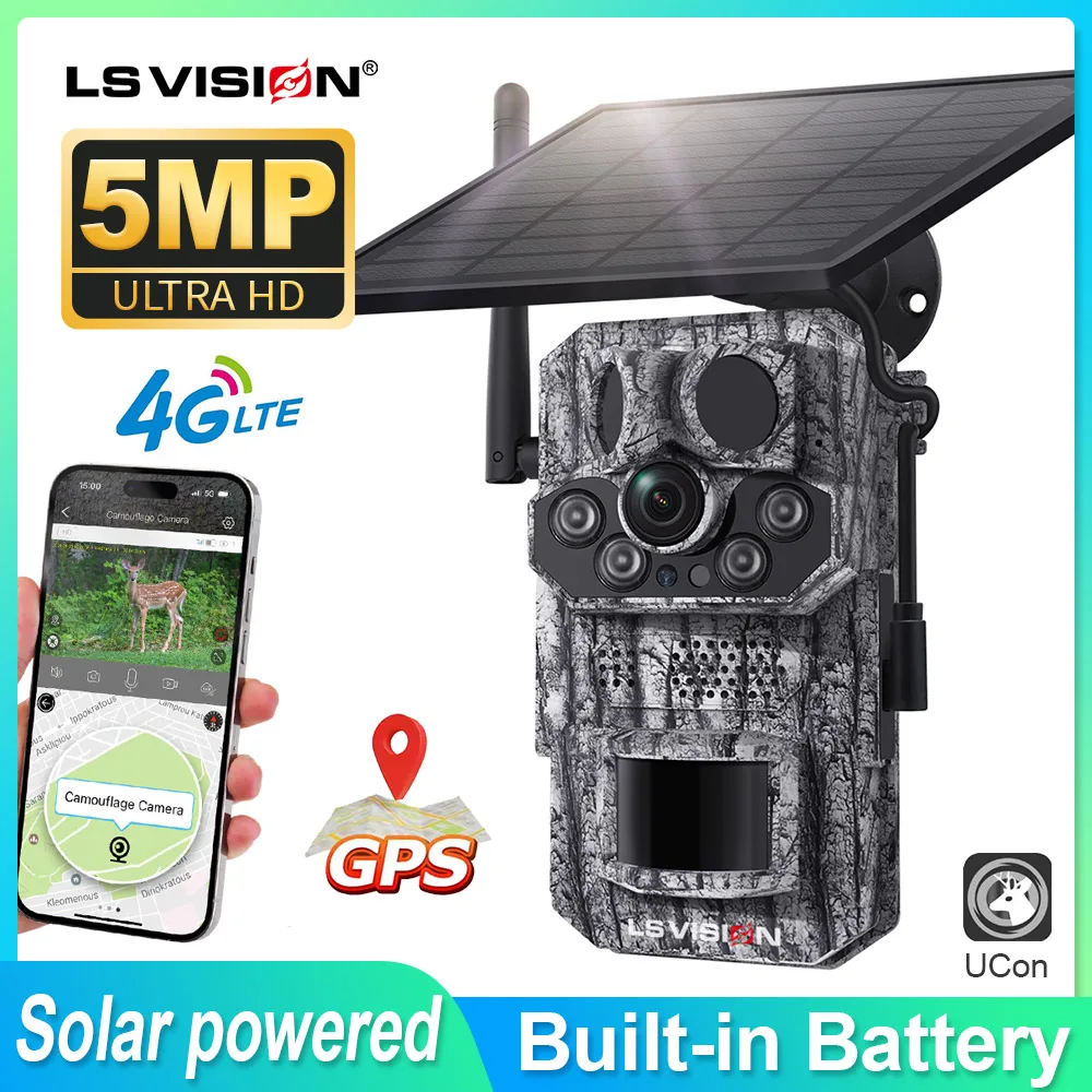 

LS VISION 4G Battery Solar Camera 2K 5MP Night Vision PIR Motion IP66 Hunting Trail Wildlife Camera Night viewer Built in GPS