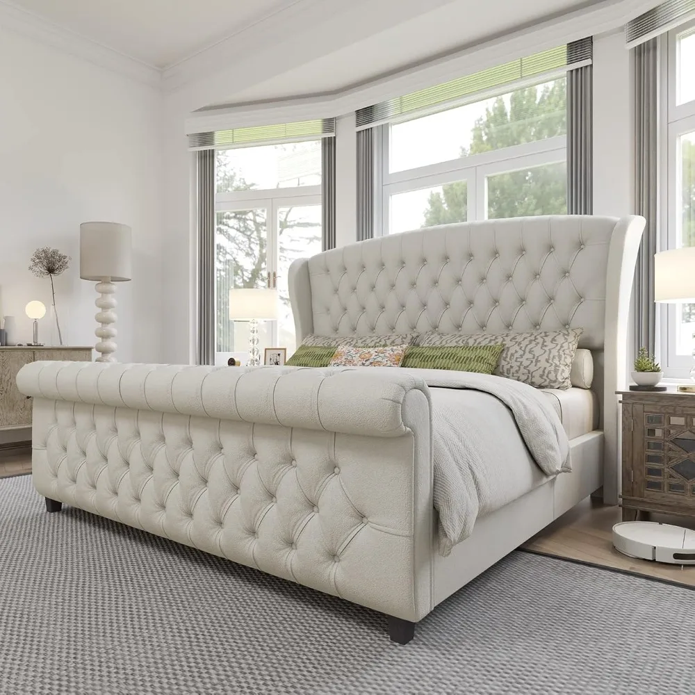 

King Size Platform Bed Frame, Chenille Upholstered Sleigh Bed with Scroll Wingback Headboard & Footboard/Button Tufted/No Box