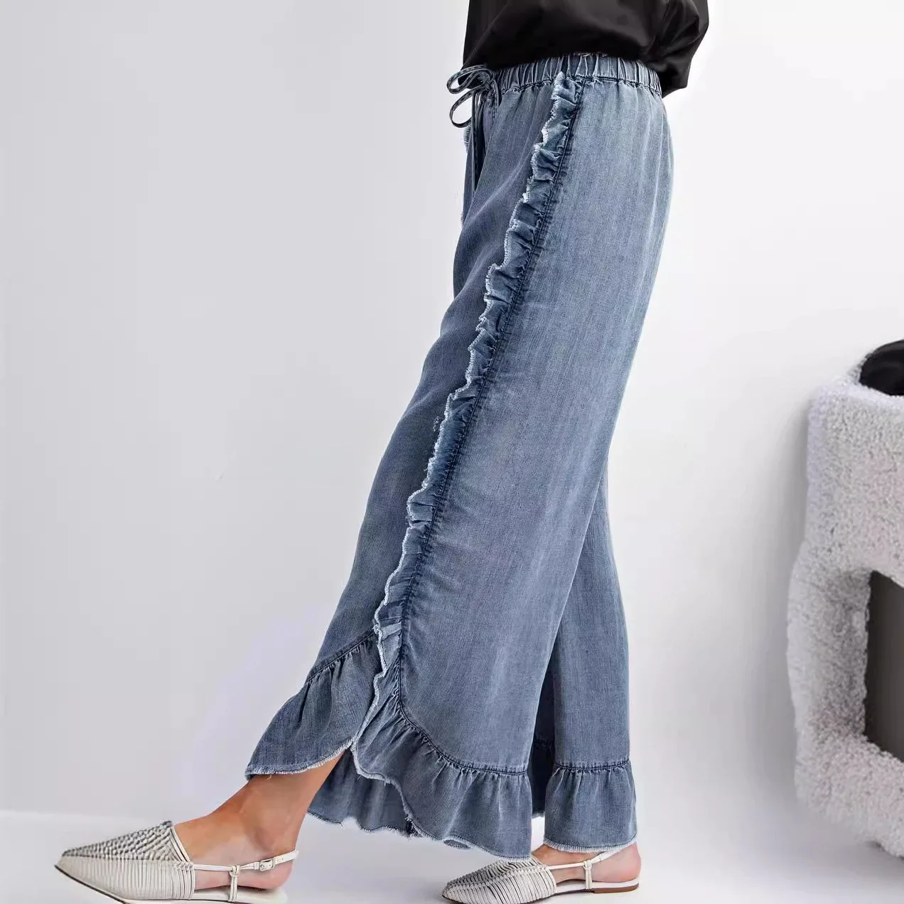 Jeans Women Denim Flare Pants Mid Waist Drawstring Lace Up Lotus Ruffled Trousers Vintage Washed Distressed  Streetwear