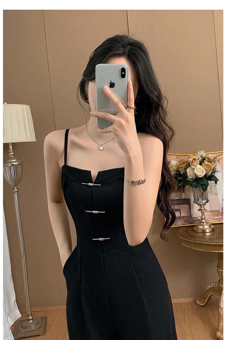 2024 Nowe letnie kombinezony dla kobiet Fashion Design Sexy Black Sling Jumpsuits Ladies Elegant Office OL High Waist Wide Leg Rompers