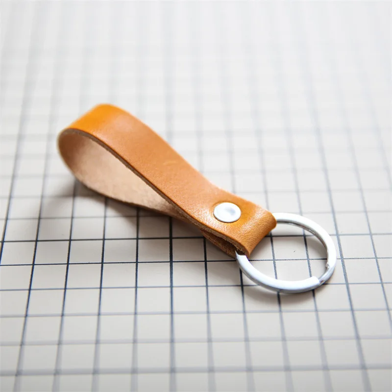 Genuine Italian Vegetable-Tanned Leather Keychain Minimalist Key Ring Holder with Rivet & Silver Ring Durable Daily Use