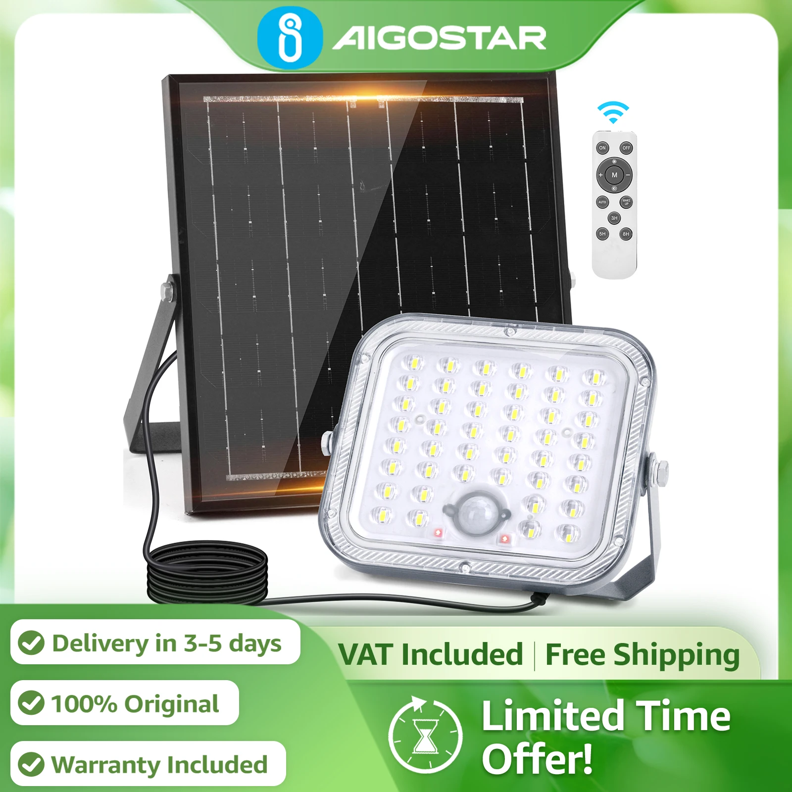 Aigostar Foco Solar con Sensor y Gran Panel | 4000mAh Súper Luminoso IP66 | para Jardín, Exterior 6500K