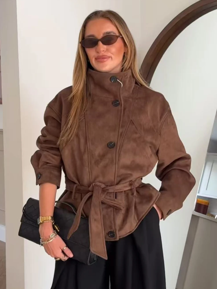 New Women's Belt Suede Short Jacket Elegant Stand Collar Long Sleeve Single Breasted Fashion Coat Autumn Winter Lace Up Jackets 1