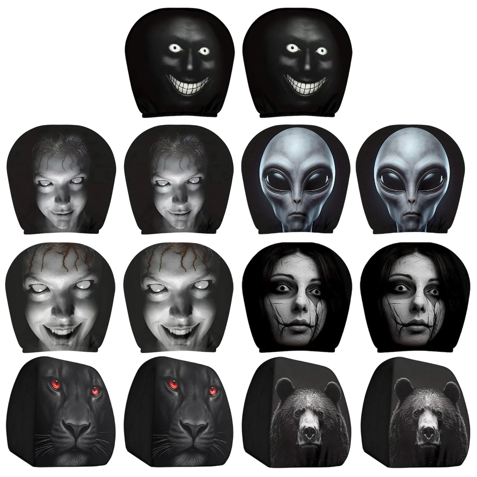 2Pcs Horror Portrait Print Car Headrest Covers Universal Washable Durable Easy Install Auto Accessories for Sedan Truck SUV All