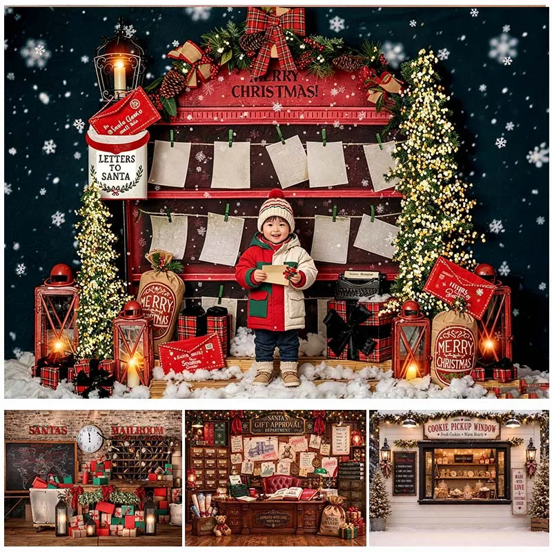 LS Christmas Backdrop Photography Santa North Pole Post Office Counter Gift Mailbox Background Kids Holiday Studio Photo