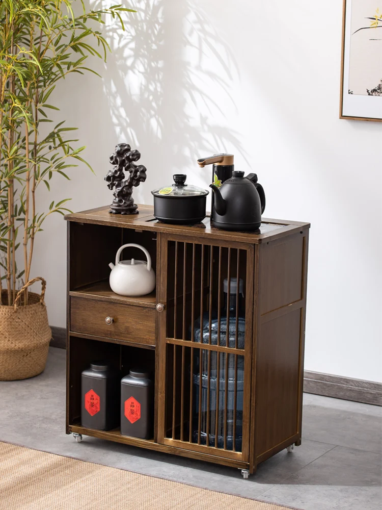 Solid Wood Tea Side Cabinet Portable Tea Cabinet Household Living Room Coffee Table Tea Table Kettle with Wheels