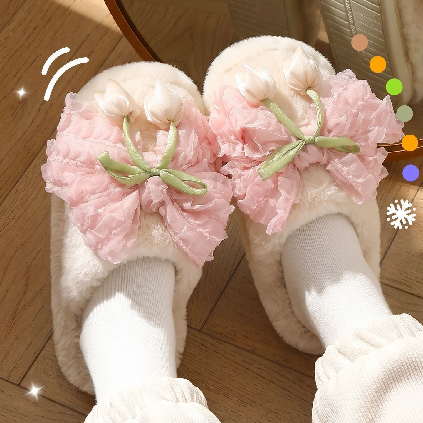 Tulip Knot Plush Cotton Slippers Women's Style 2026 New Warm Anti-slip Home and Outdoor Wear Cotton Shoes