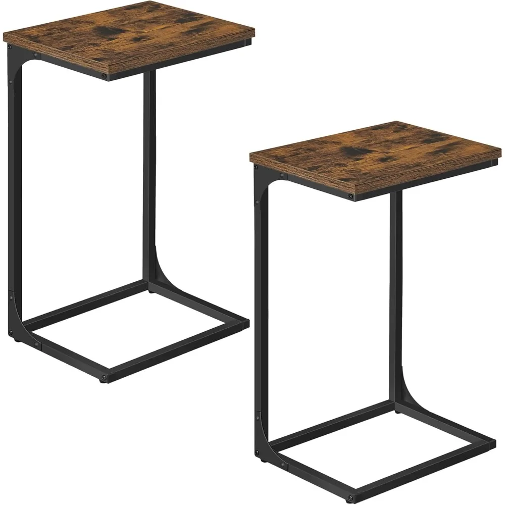 

C-Shaped End Table, Set of 2, Couch Table with Metal Frame, Small TV Tray Table for Living Room, Bedroom, Rustic Brown and Black