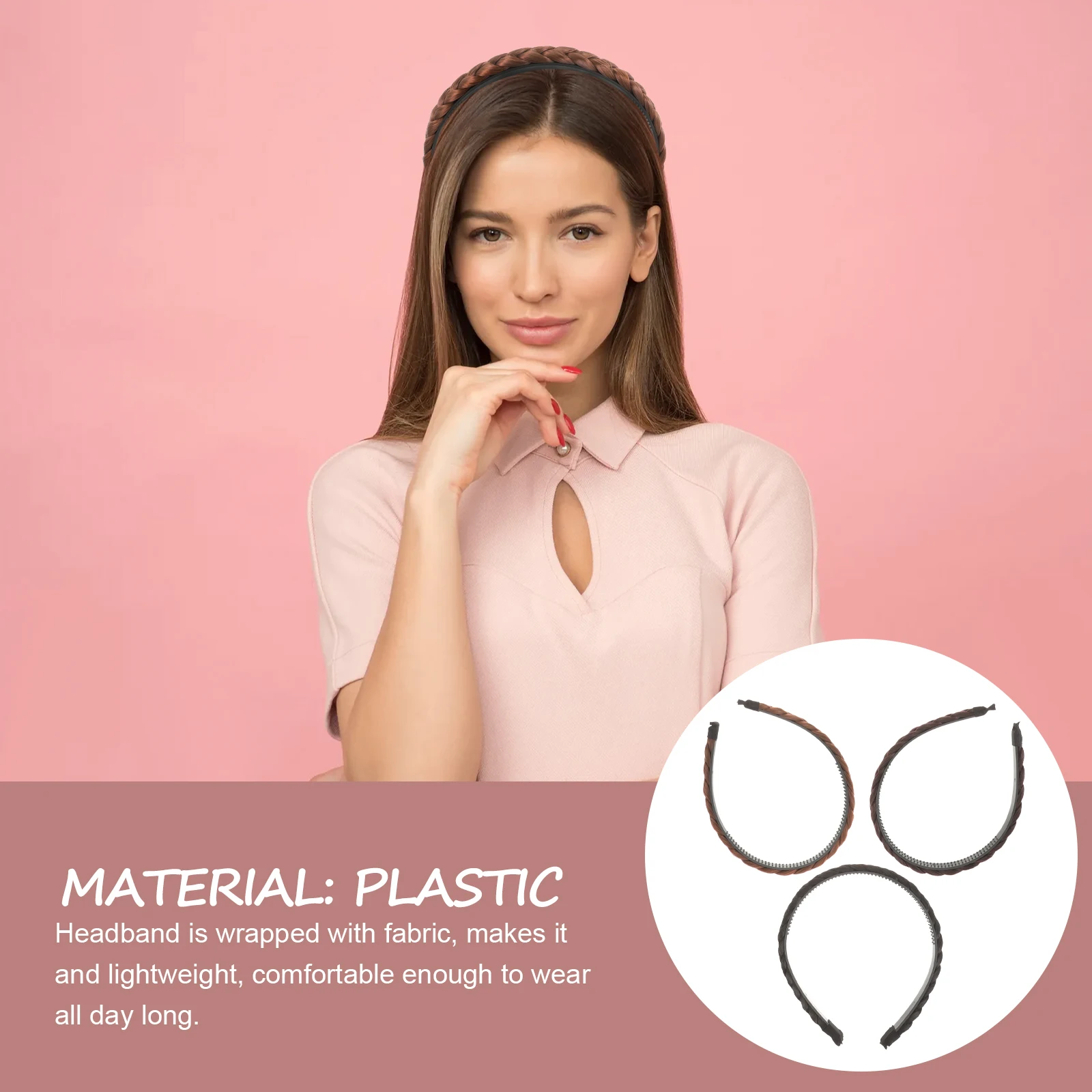 

3 pcs Synthetic Braided Headbands For Women Girls Lightweight Fabric-Wrapped Hair Accessories Unique Design Plastic Hair Band