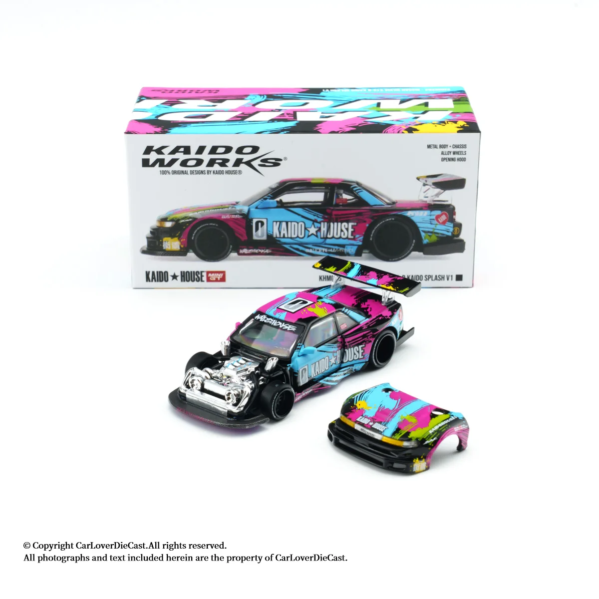 Kaido House + MINIGT 1:64 Nissan Silvia S13-R Kaido Splash V1, Modellauto aus Zinkdruckguss.