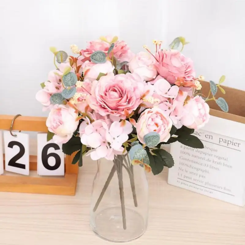 Artificial Flower Vintage Silk Bride Rose Bouquet Hydrangea Peony Vintage Bridal Faux Plant Home Wedding Decoration Accessories