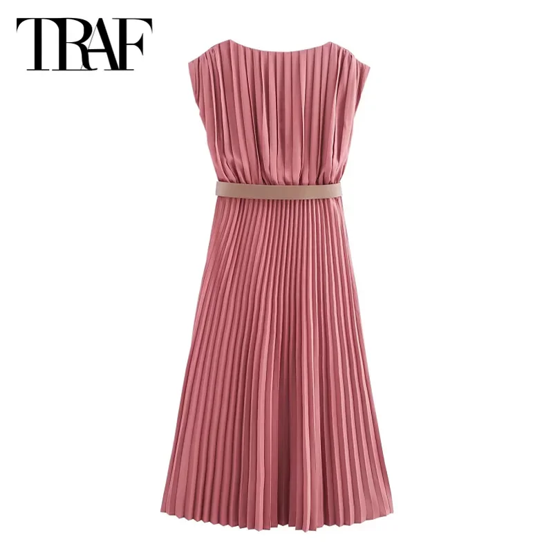 TRAF Long Dresses 2024 Pleated Midi Dresses Summer Autumn Women\'s Elegant Party Ladies Fashion Casual Winered Belt Long Dresses