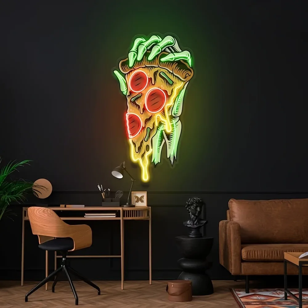 Skull Holding Pizza Neon USB Powered Dimmable Sign for Halloween Bar Restaurant Gathering Party Decoration