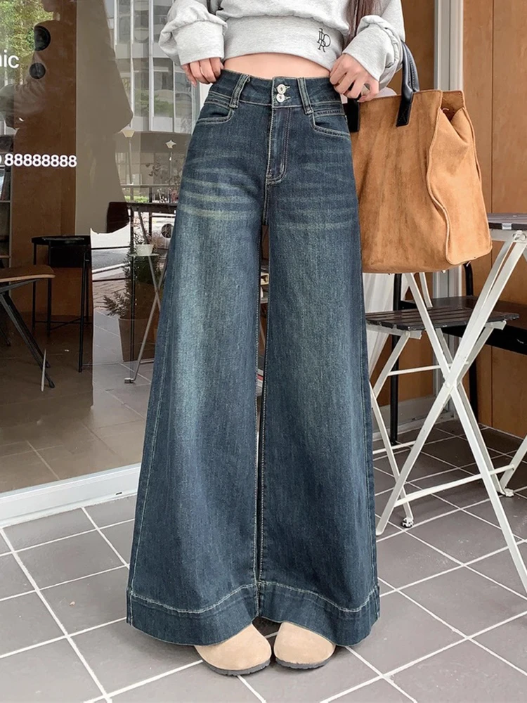 

Женские расклешенные джинсы с высокой талией, летние темно-синие широкие брюки, универсальные брюки длиной до пола