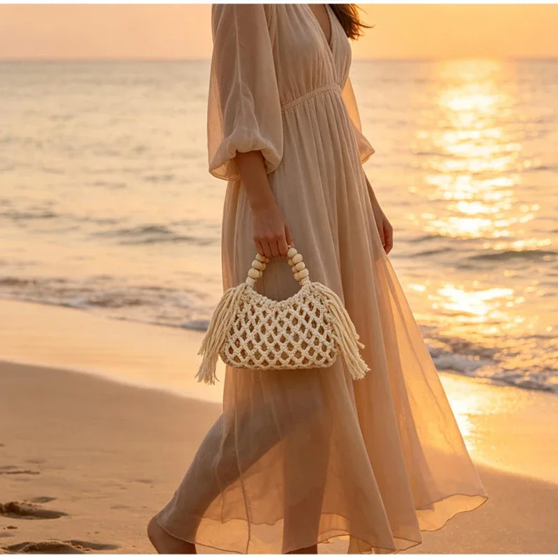 Boho Häkel-Handtasche mit Aushöhlungen und Quasten, Holzperlen-Griff, Gewebte Strandtasche, Sommer-Urlaub Strohtasche, Damen Casual Schultertasche – Detail 14