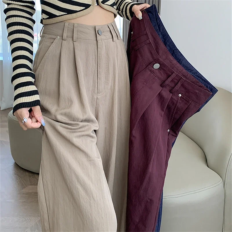 Pantaloni a gamba larga da donna in cotone denim vintage 2024 nuovi pantaloni a vita alta dritti larghi casual autunno pantaloni femminili